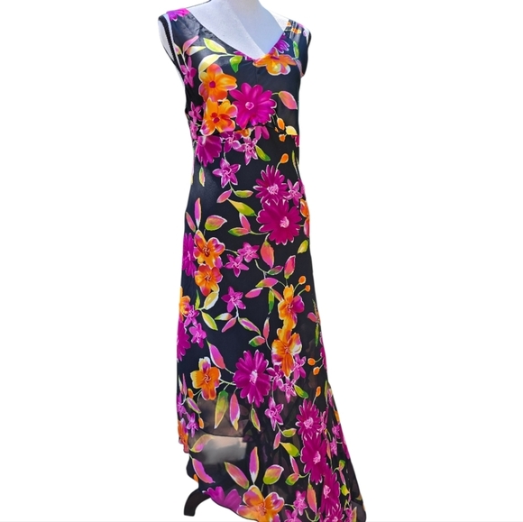 Vintage Beaded Sequin Asymetrical Black Pink Floral Sleeveless Maxi Dress | Sz L - Picture 6 of 6